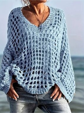 NWOT Steel Blue Off Shoulder, Crochet Sweater in Multiple Sizes